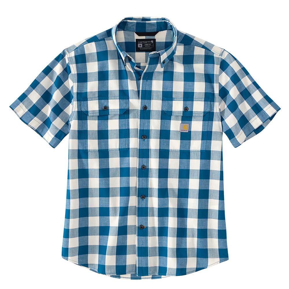 Carhartt 106140 Men's Loose Fit Midweight Short-Sleeve Plaid Shirt - X-Large Tall - Deep Lagoon