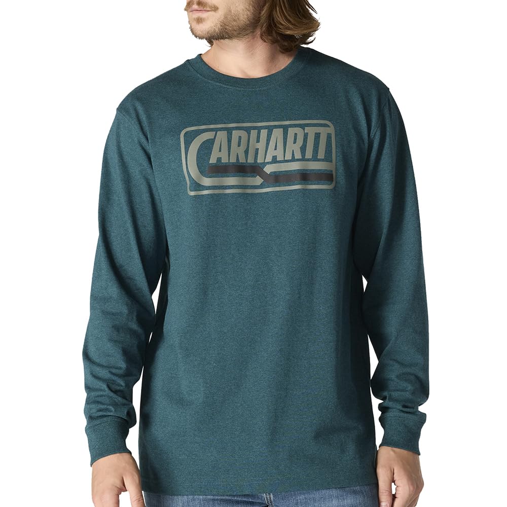 Carhartt Men's 107039 Loose Fit Heavyweight Long-Sleeve Logo Graphic T-Shirt 2X Tall Greenstone Heather