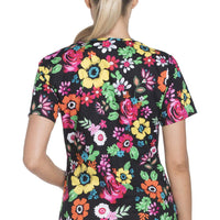 Dickies EDS Women Scrubs Top V-Neck DK708, XS, Flower Festival