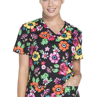 Dickies EDS Women Scrubs Top V-Neck DK708, XS, Flower Festival