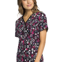 CHEROKEE Mock Wrap Scrub Top, S, Electric Geo