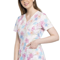 Cherokee Prints Women Scrubs Top Mock Wrap CK620, S, Floral Stitches