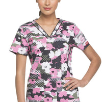 Dickies EDS Women Scrubs Top V-Neck DK709, XS, Peek A Blooms