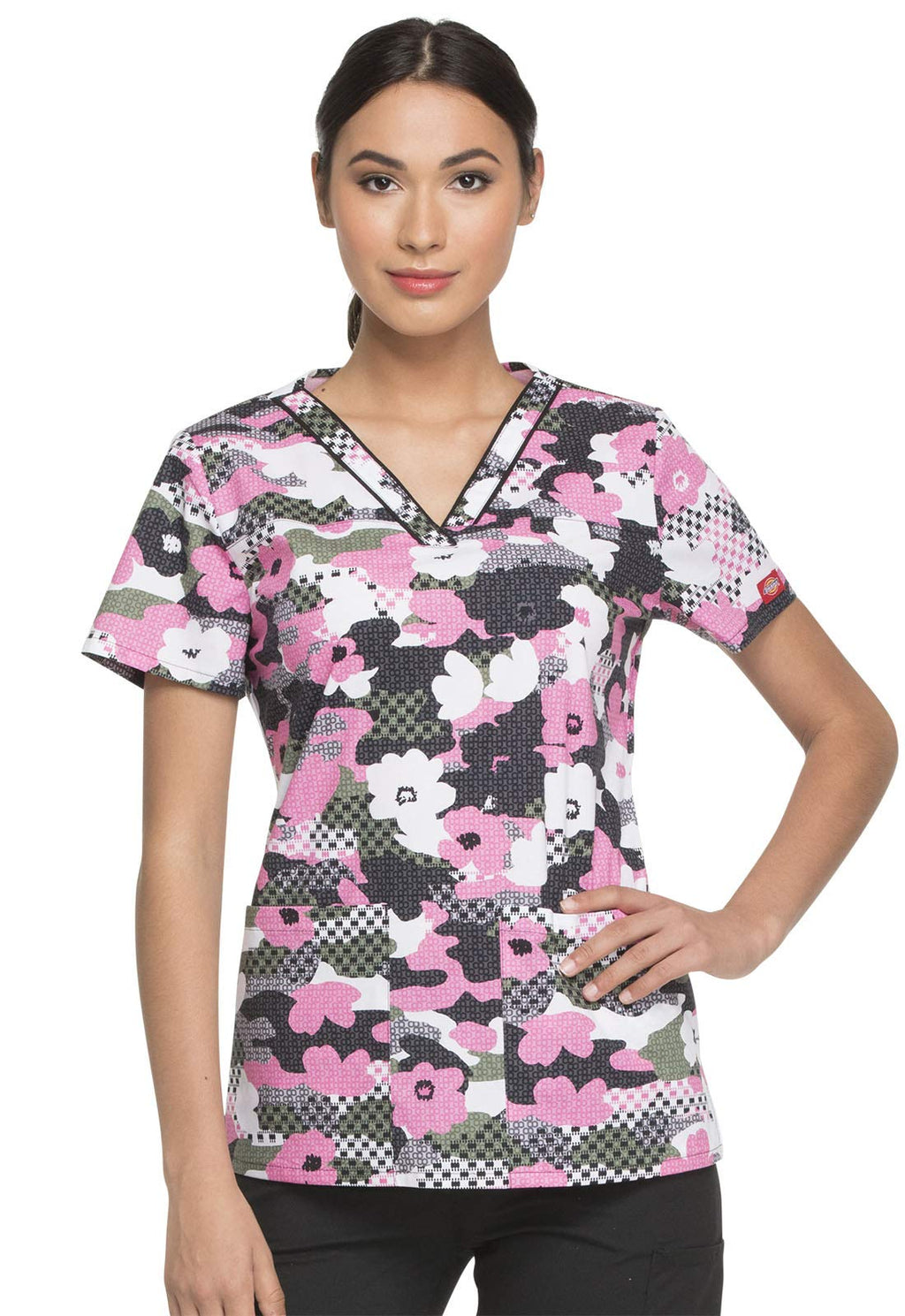 Dickies EDS Women Scrubs Top V-Neck DK709, XS, Peek A Blooms