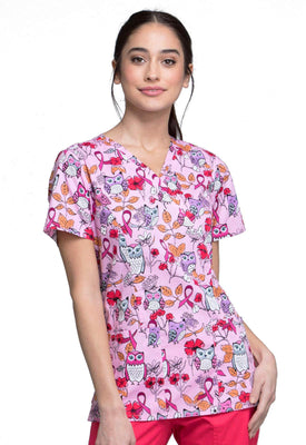 CHEROKEE Mock Wrap Scrub Top, XS, Owl About The Love