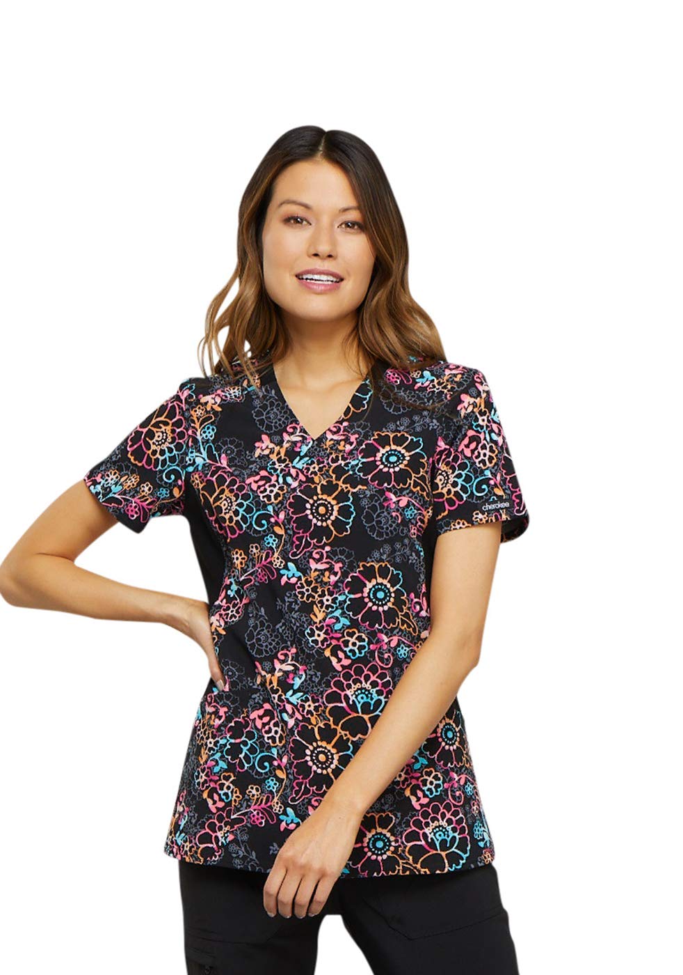 CHEROKEE Mock Wrap Knit Panel Scrub Top, S, Rainbow Blooms