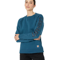 Carhartt 104410 Relaxed Fit Midweight Crew Neck Block Logo Sleeve Graphic Sweatshirt Night Blue Heather LG