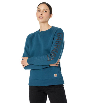 Carhartt 104410 Relaxed Fit Midweight Crew Neck Block Logo Sleeve Graphic Sweatshirt Night Blue Heather LG