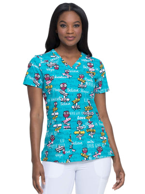 Dickies EDS Women Scrubs Top V-Neck Print DK616, S, It was Owl A Dream