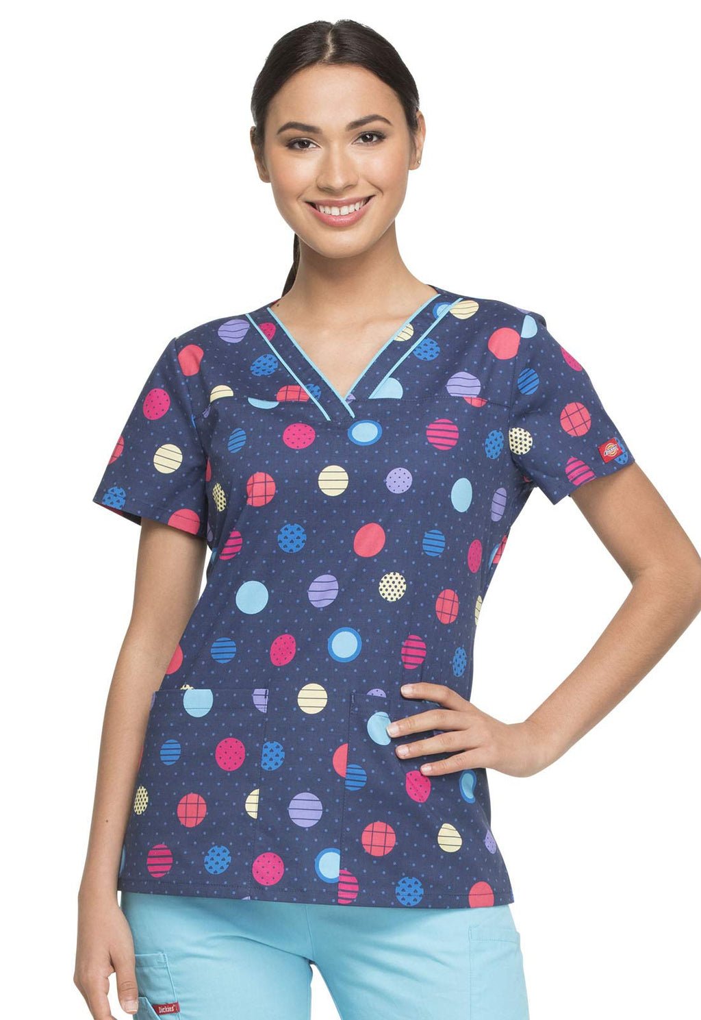 Dickies EDS V-Neck Scrub Top, XS, Polka Dot Power