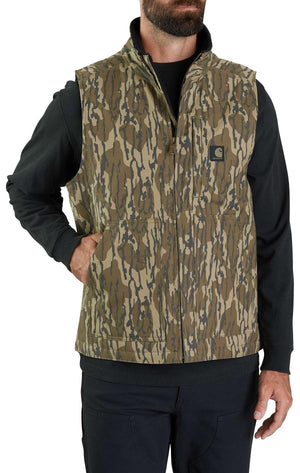Carhartt 106099 Men's Rugged Flex Duck Loose Fit Sherpa-Lined Mock-Neck Vest, Mossy Oak Bottomland Camo