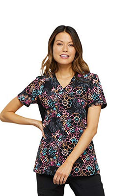 Cherokee CK681 Mock Wrap Knit Panel Scrub Top, S, Rainbow Blooms