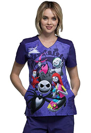 Cherokee Tooniforms TF639 Women's V-Neck Nightmare Before Christmas R.I.P. Print Scrub Top Small